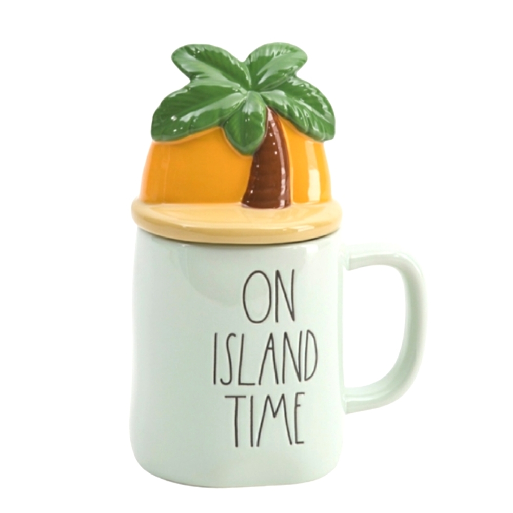 Rae Dunn On Island Time Figural Ceramic Coffee Mug With Lid Topper NWT